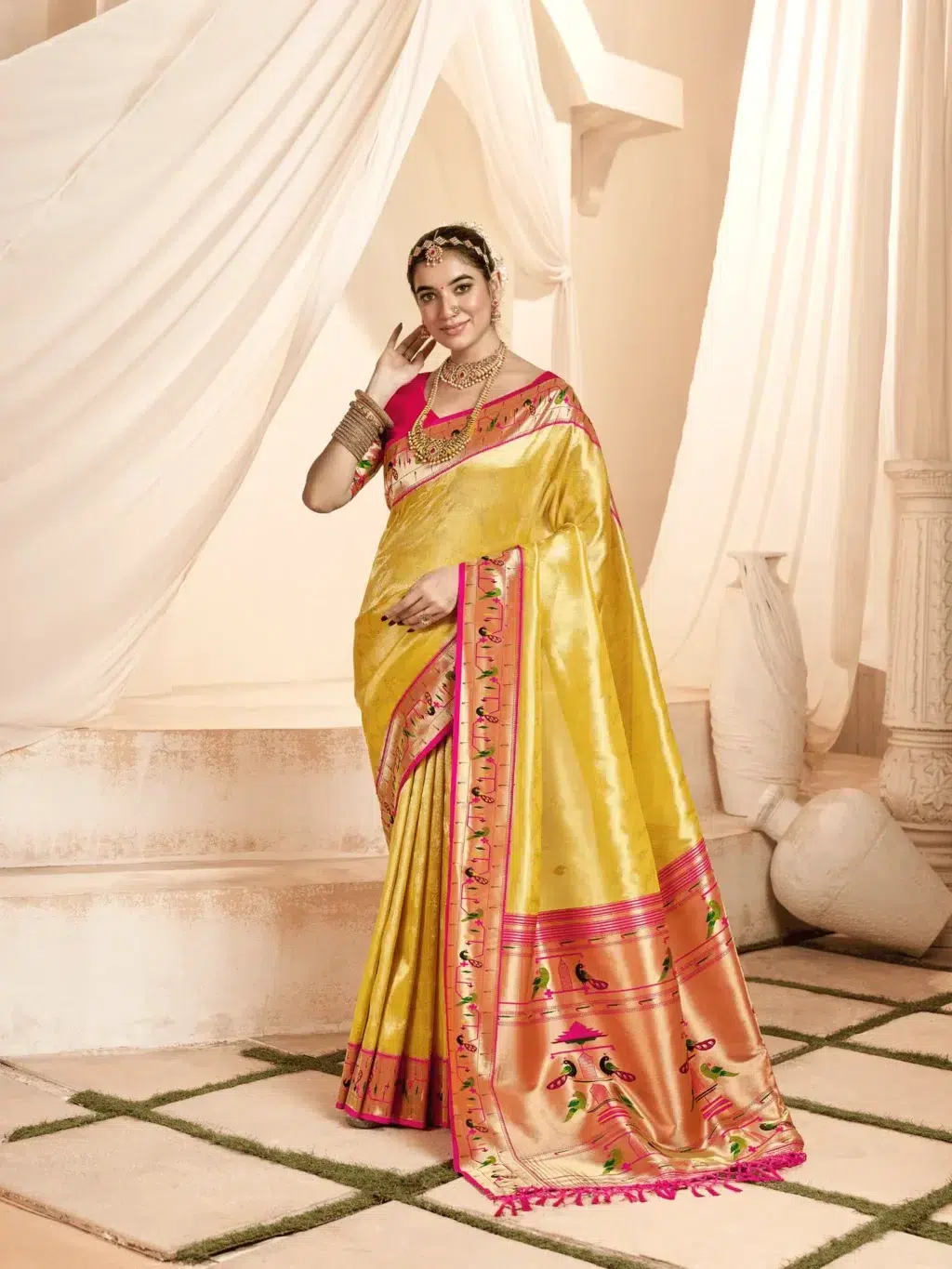 Yellow Paithani Tissue Saree for Women - Designer Traditional Saree