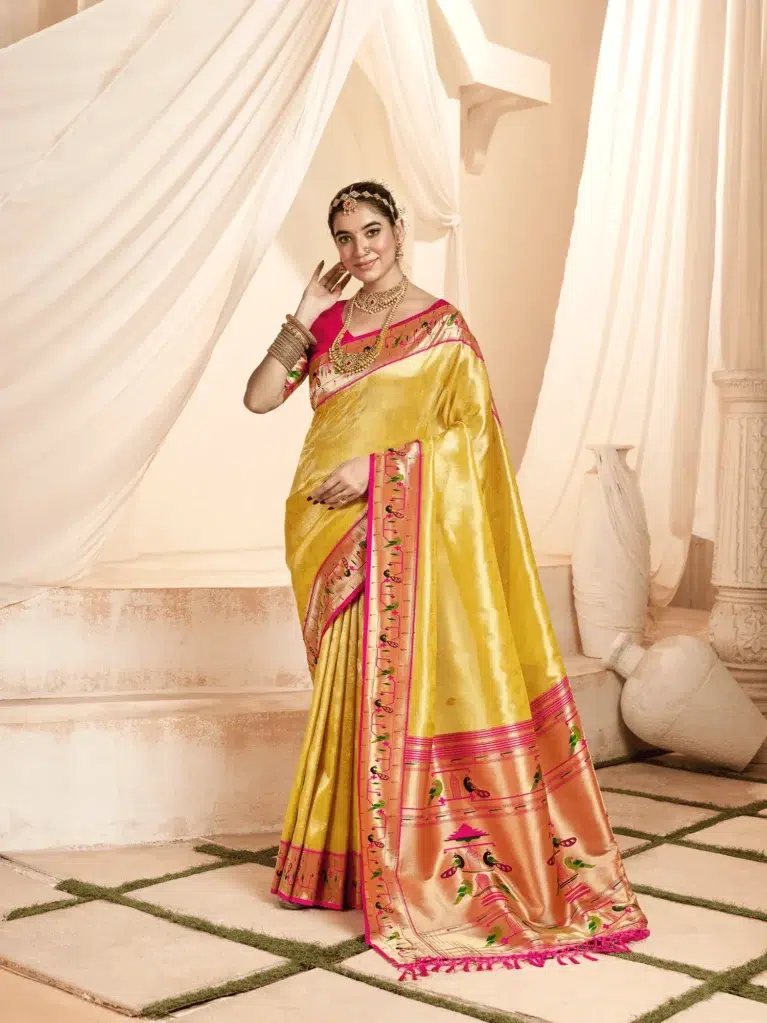 Yellow Paithani Tissue Saree for Women - Designer Traditional Saree