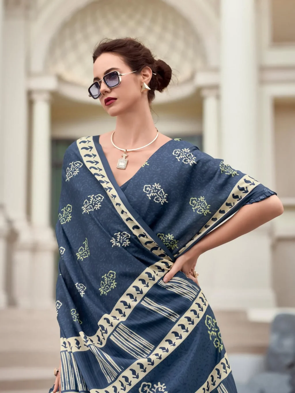 Blue Printed Mal Mal Silk Saree - Image 3
