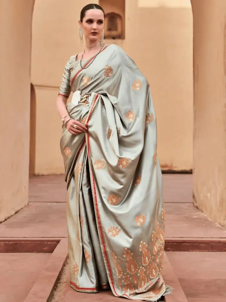 Grey Pure Sattin Saree for Women - Designer Traditional Saree