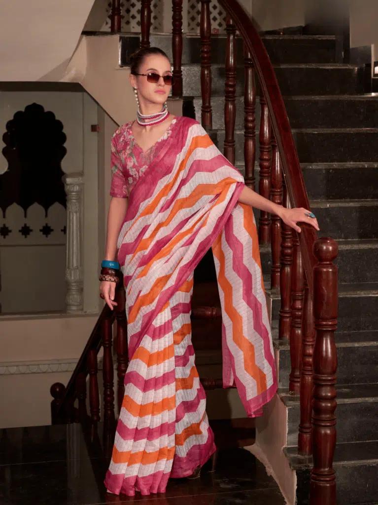 Pink Linen Cotton Saree for Women - Designer Traditional Saree