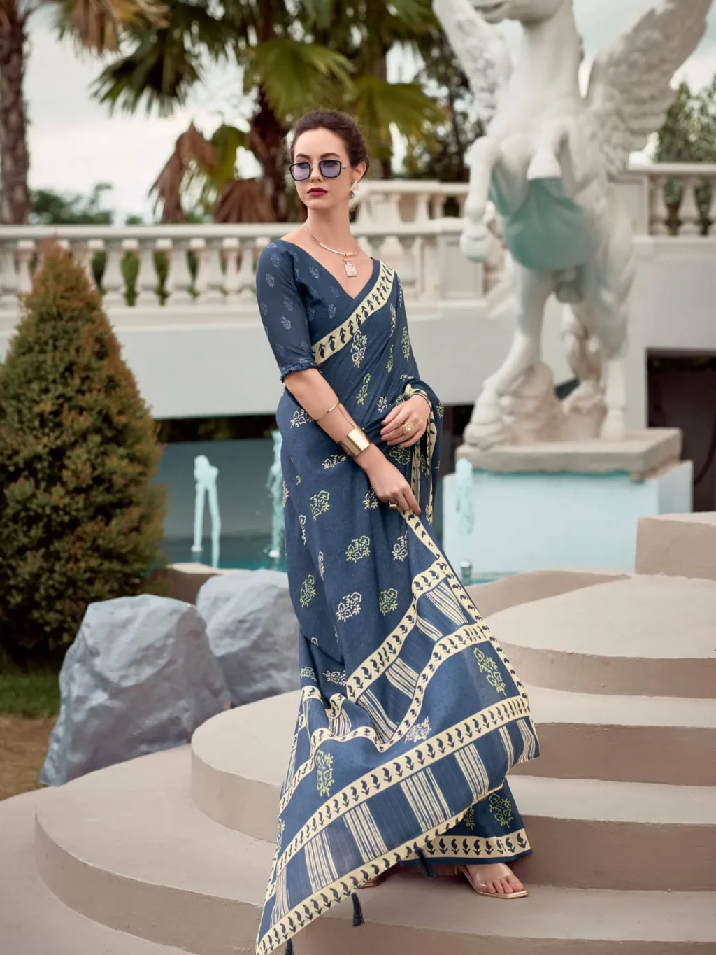 Blue Printed Mal Mal Silk Saree - Image 4