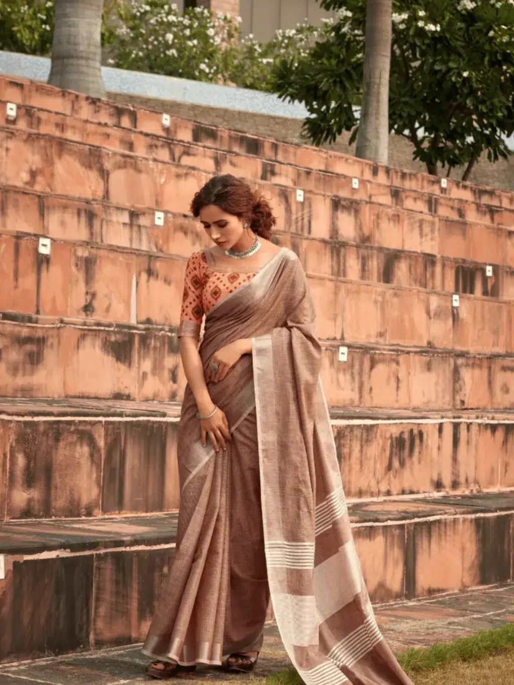 Brown Soft Linen Saree for Women - Designer Traditional Saree