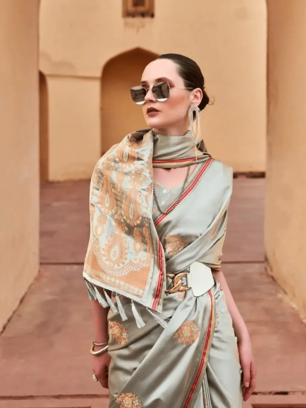 Grey Pure Sattin Saree - Image 4