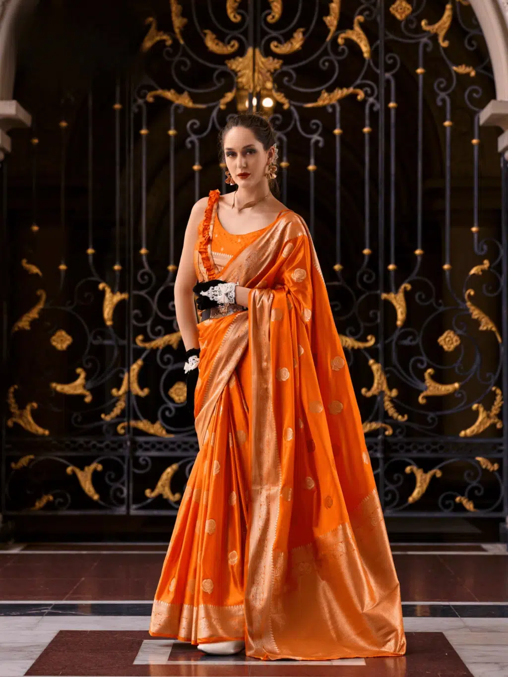 Orange Satttin Munga Saree for Women - Designer Traditional Saree