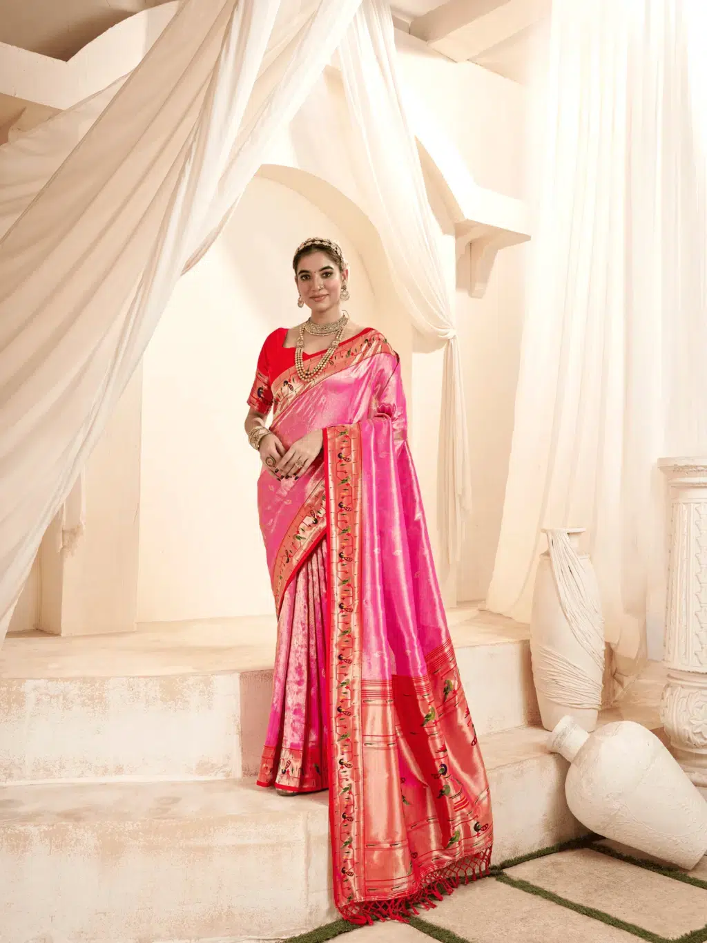 Pink Paithani Tissue Saree for Women - Designer Traditional Saree