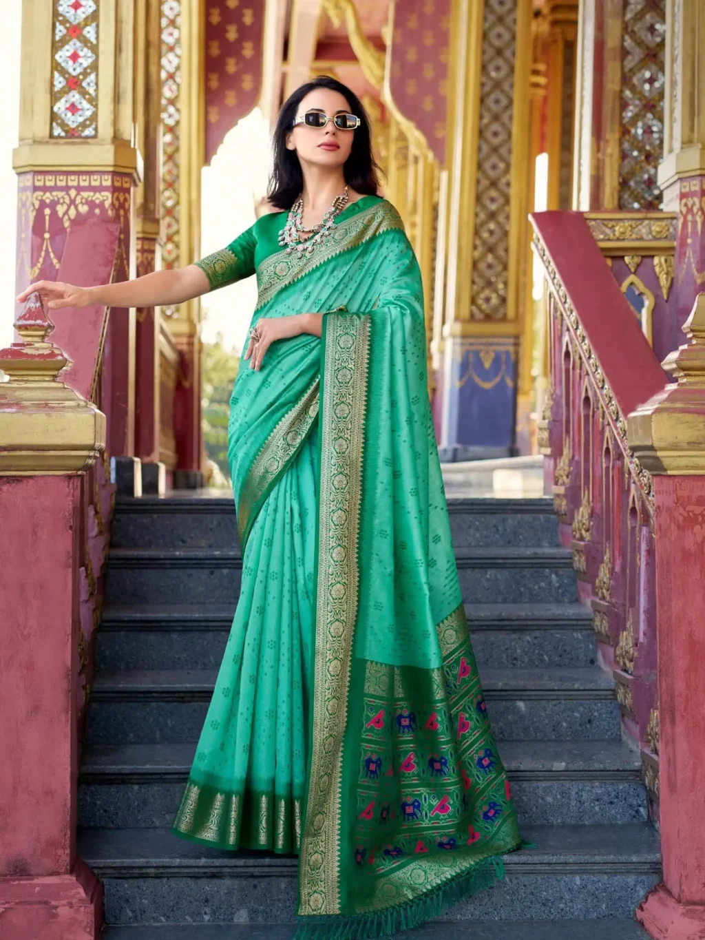 Green Tusser Handloom Saree for Women - Designer Traditional Saree