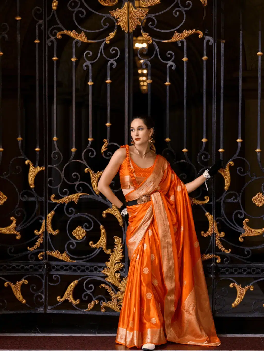 Orange Satttin Munga Silk Saree - Image 3