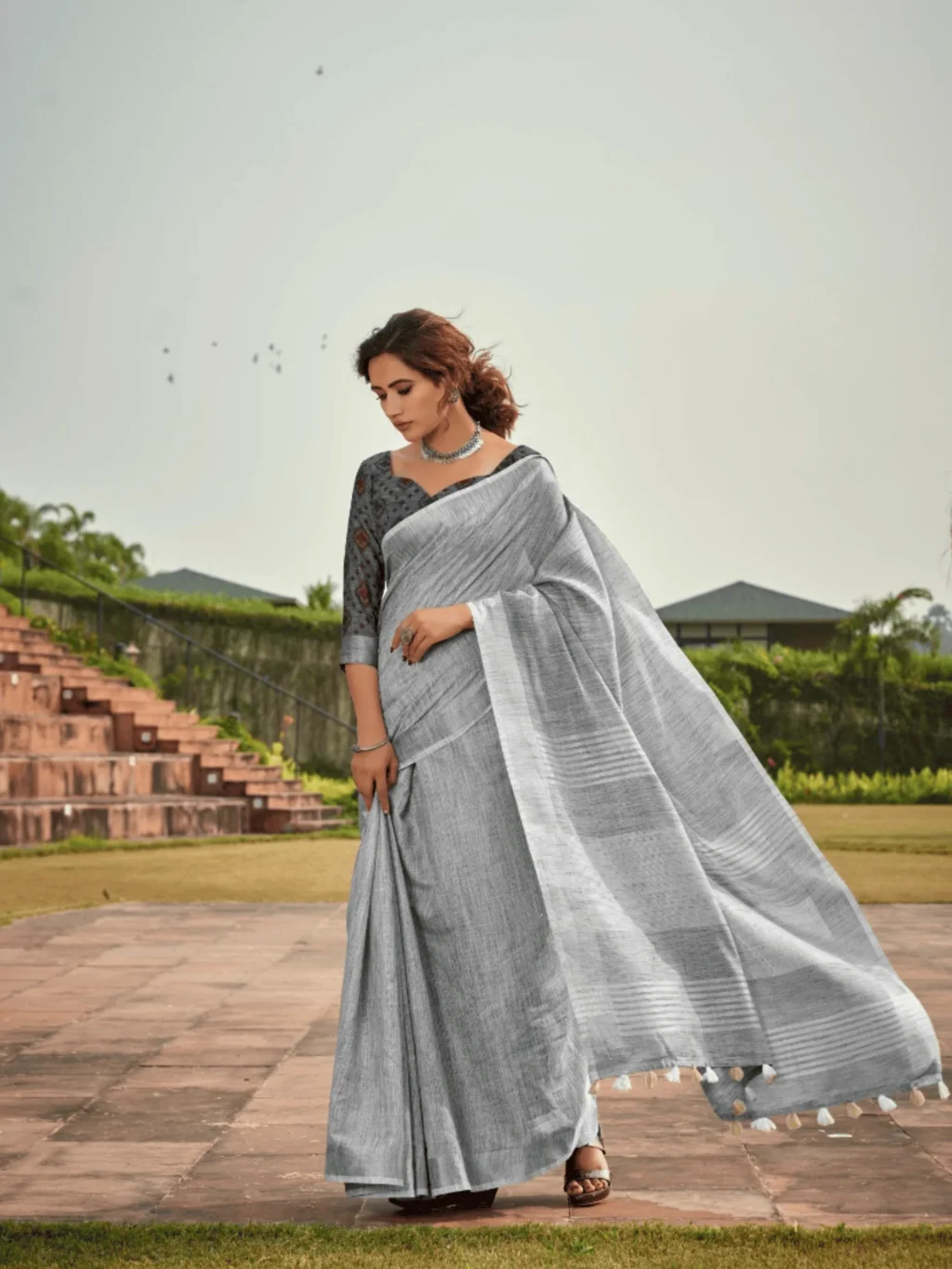 Grey Soft Linen Saree for Women - Designer Traditional Saree