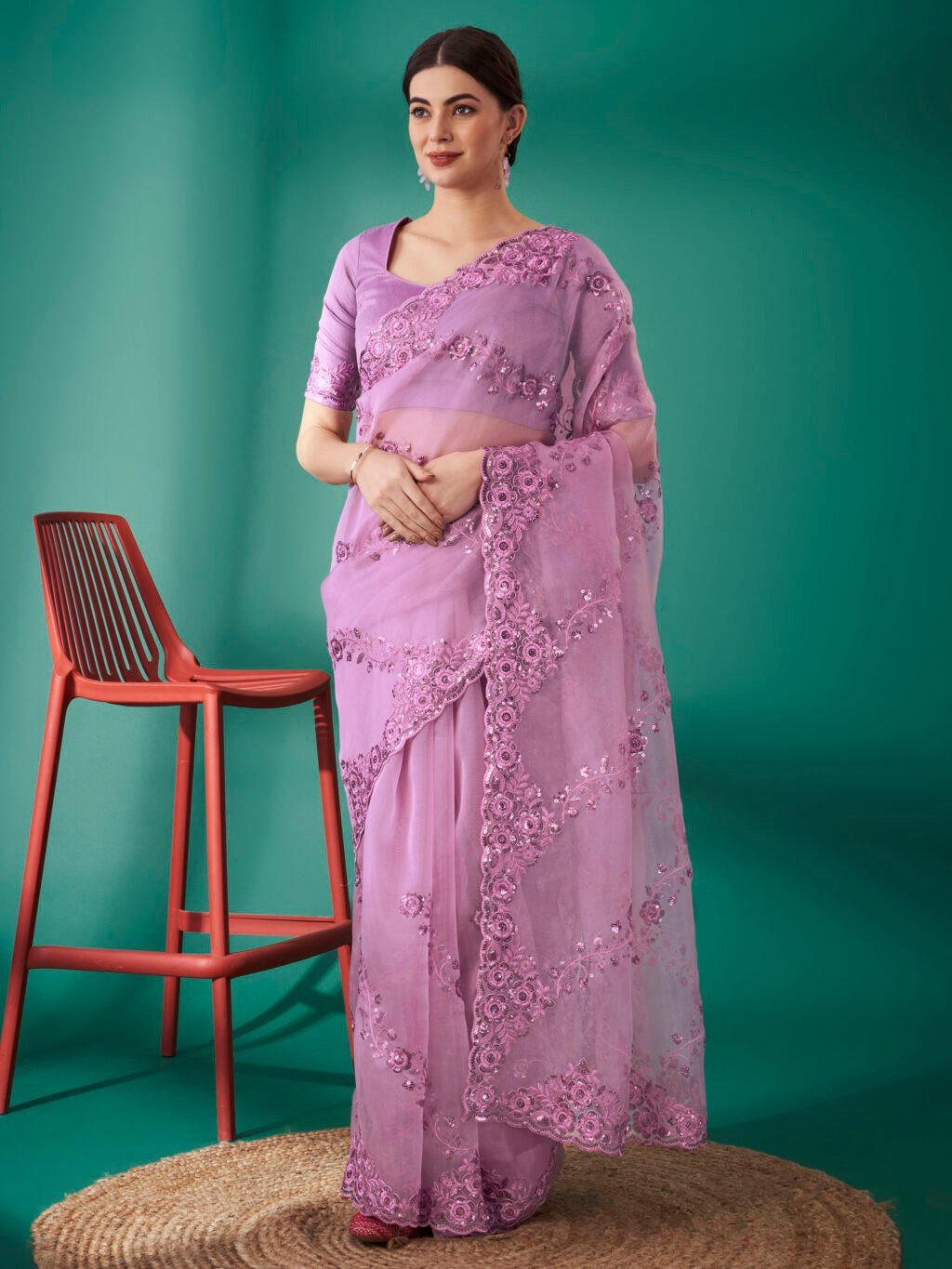 Mauve Organza Partwear Embroidery Saree - Organza Saree