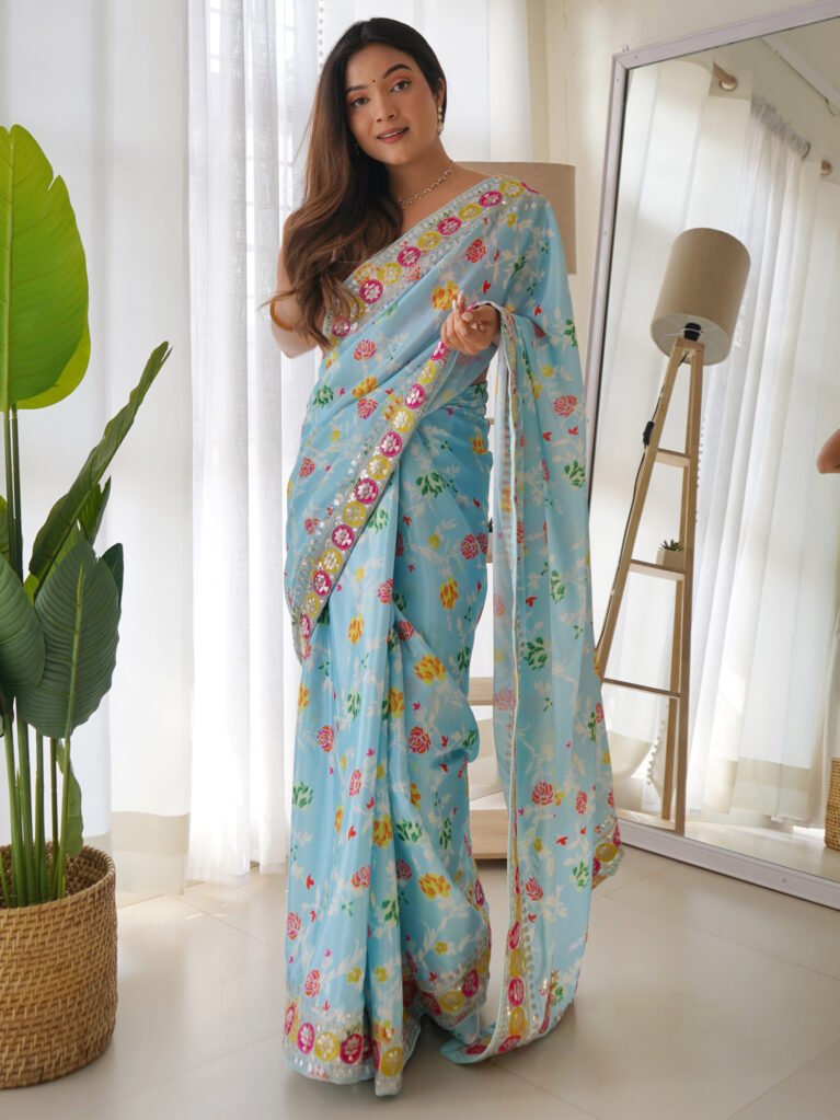 Regal Blue Designer Floral Georgette Saree - Sarees