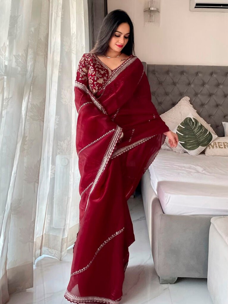 Maroon Organza Partywear Saree - Organza Saree