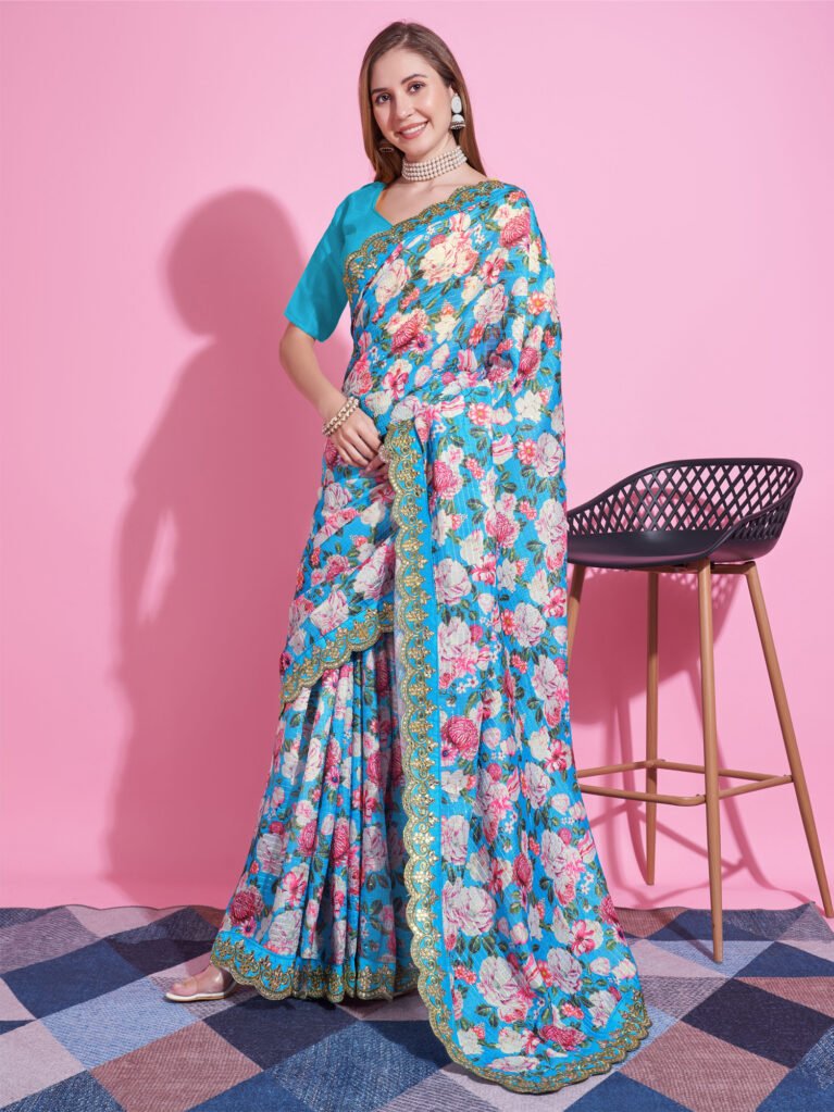 Elegant Light Blue Designer Georgette Saree - Sarees