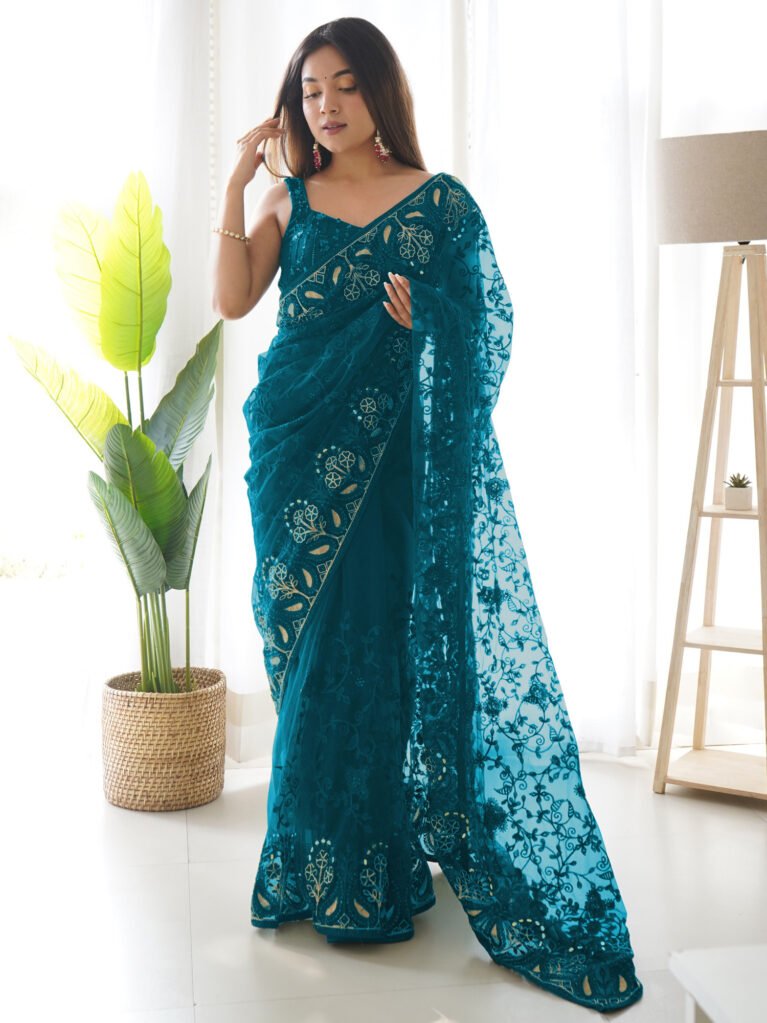 Heritage Teal Blue Designer Zari Woven Unique Saree - Net Saree