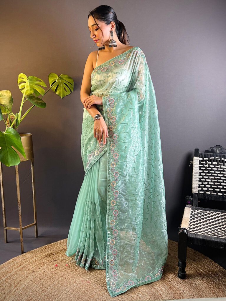 Radiant Sea Green Designer Tissue Saree - Sarees