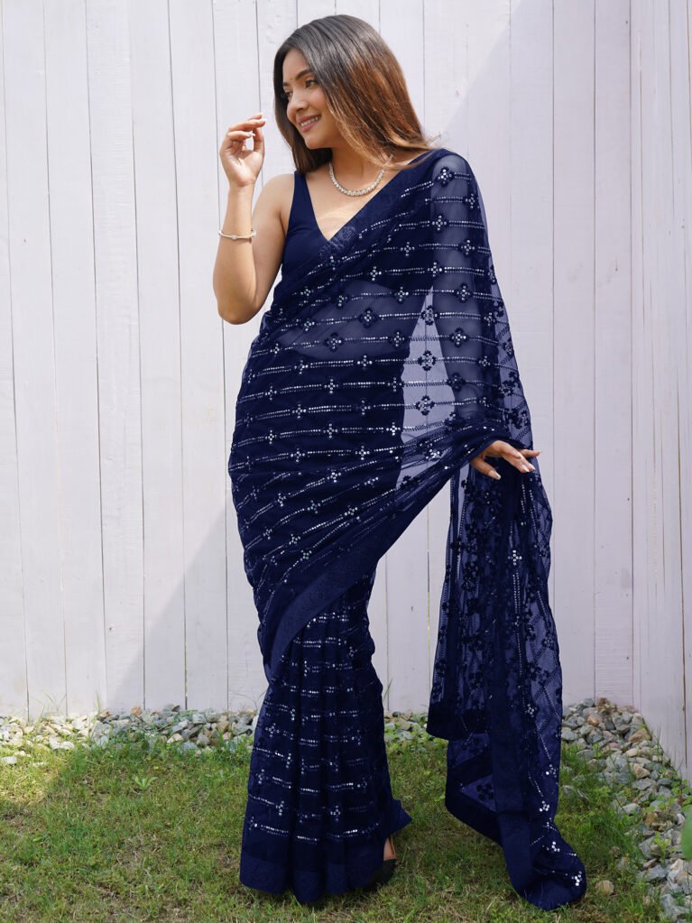 Elegant Navy Blue Designer Zari Woven Unique Saree - Net Saree