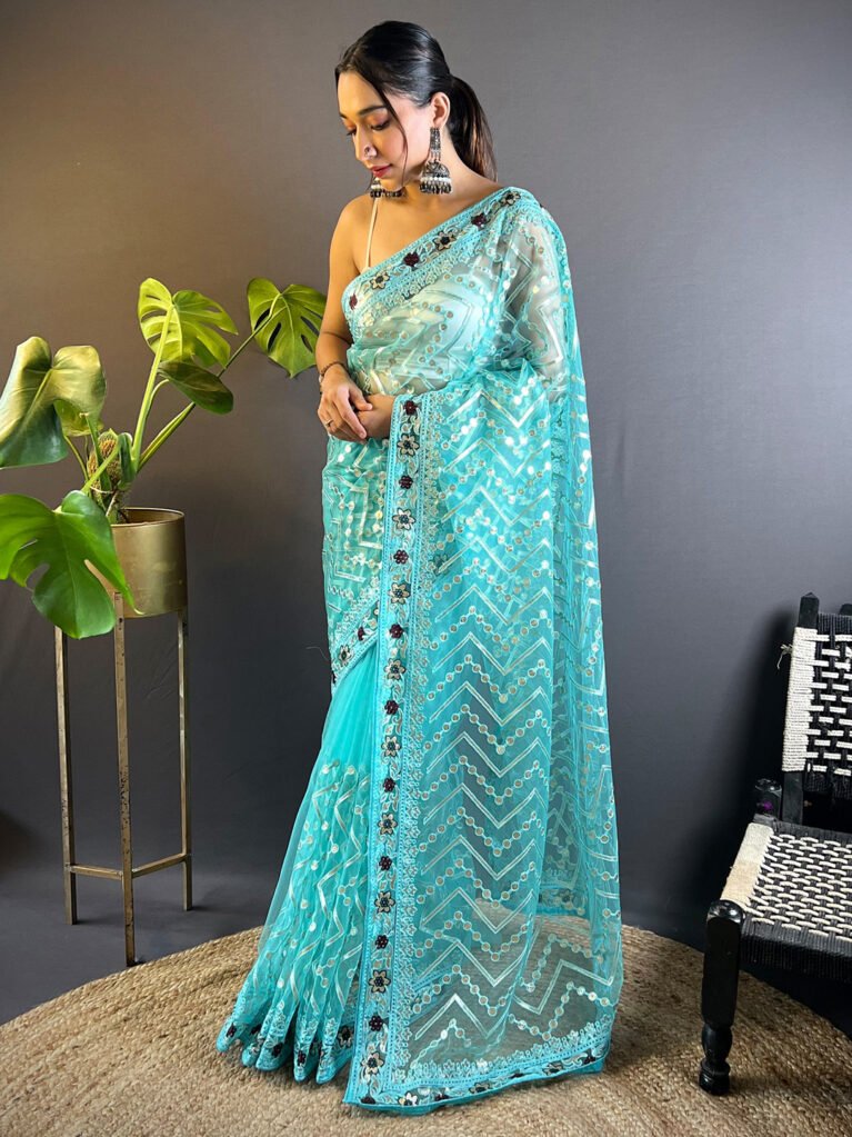 Light Blue Designer Zari Woven Exclusive Saree - Net Saree