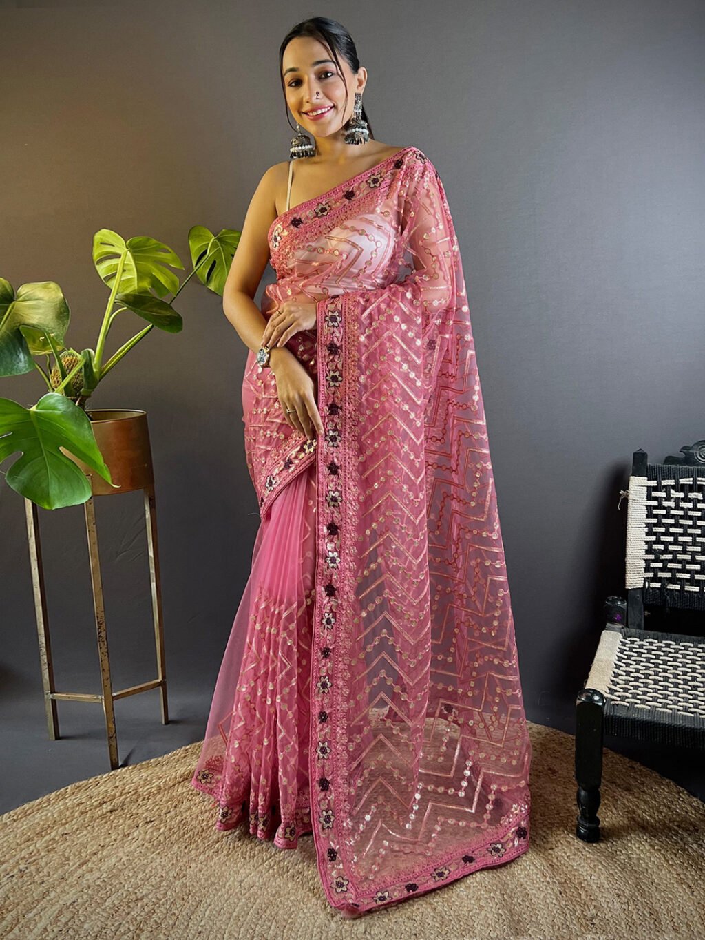 Net Pink Designer Partywear Saree - Net Saree