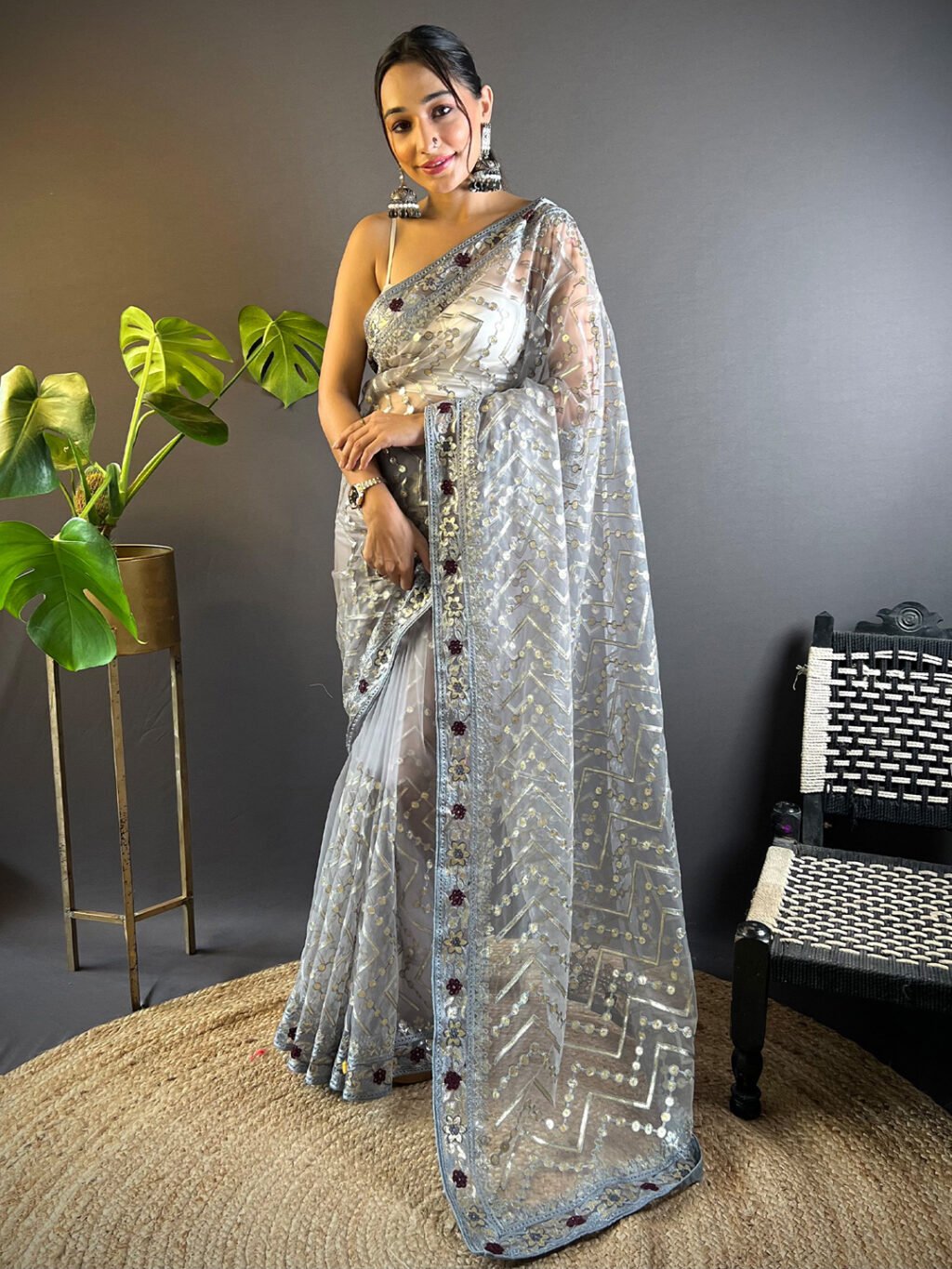 Timeless Grey Designer Zari Woven Special Saree - Net Saree