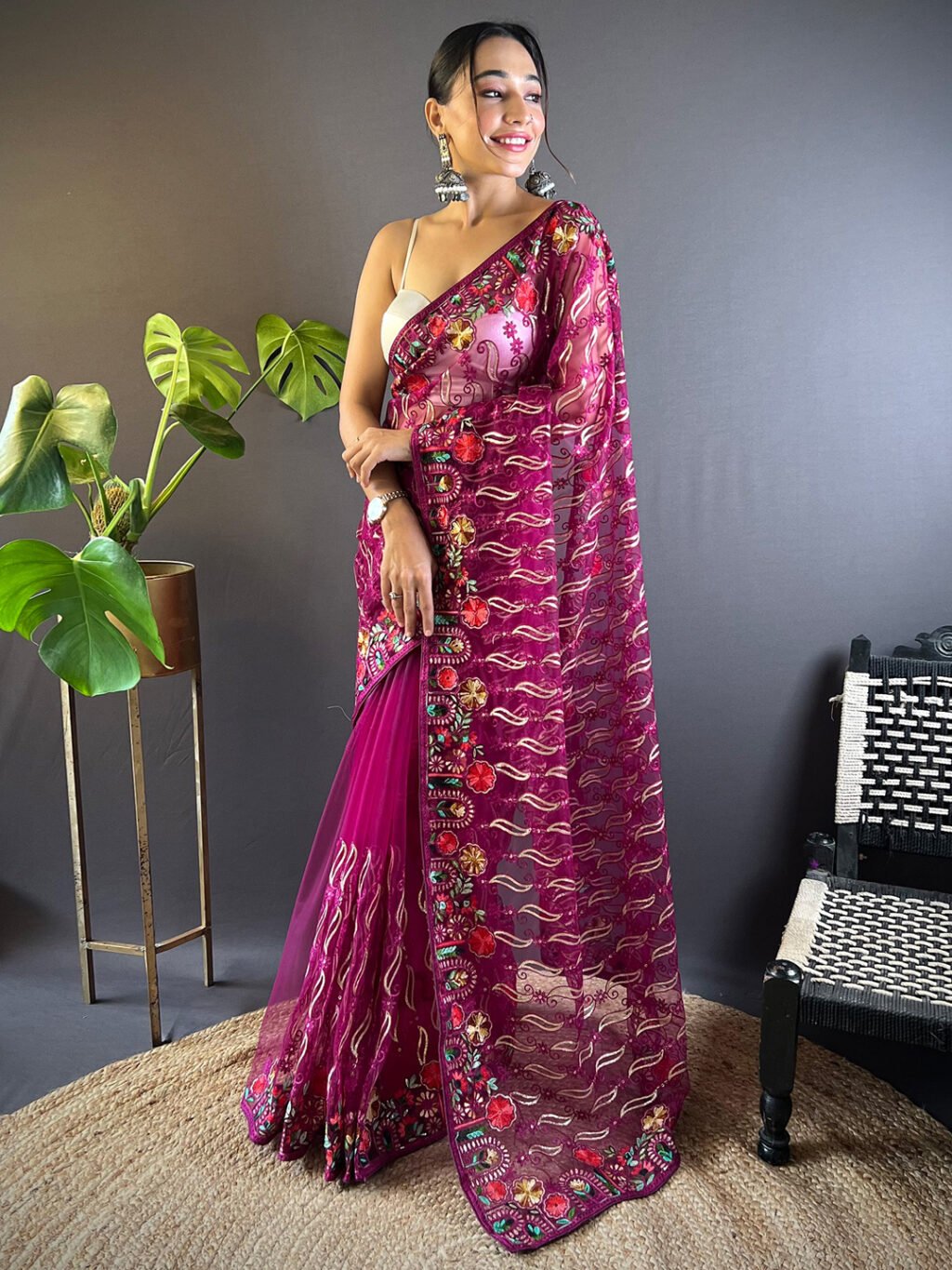 Exquisite Magenta Designer Zari Woven Distinct Saree - Net Saree