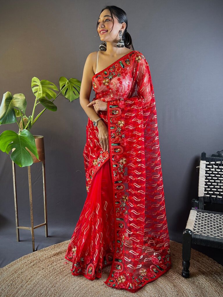 Exquisite Red Designer Zari Woven Unique Saree - Net Saree