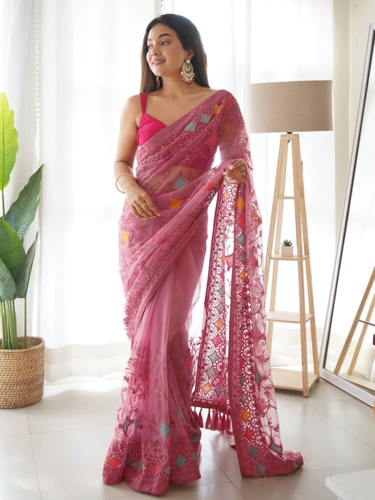 Timeless Pink Designer Zari Woven Unique Saree - Net Saree