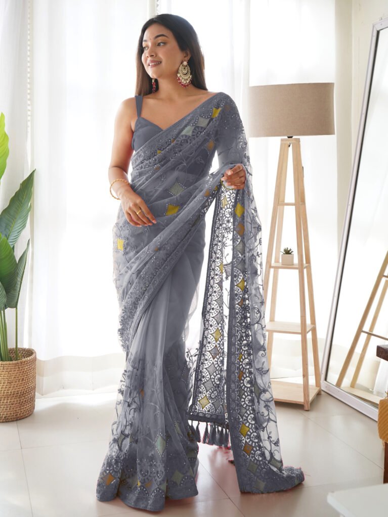 Elegant Grey Designer Zari Woven Unique Saree - Net Saree
