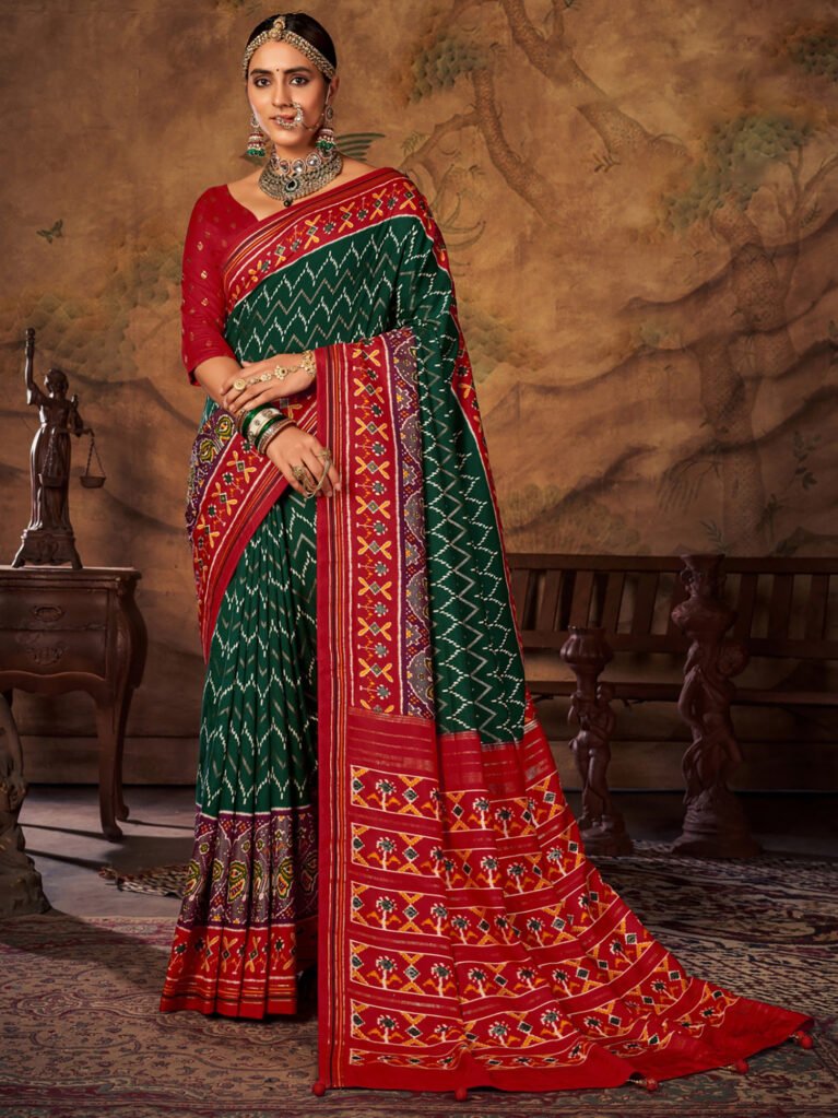 Traditional Green Gujrati Ikat Patola Silk Saree - Sarees