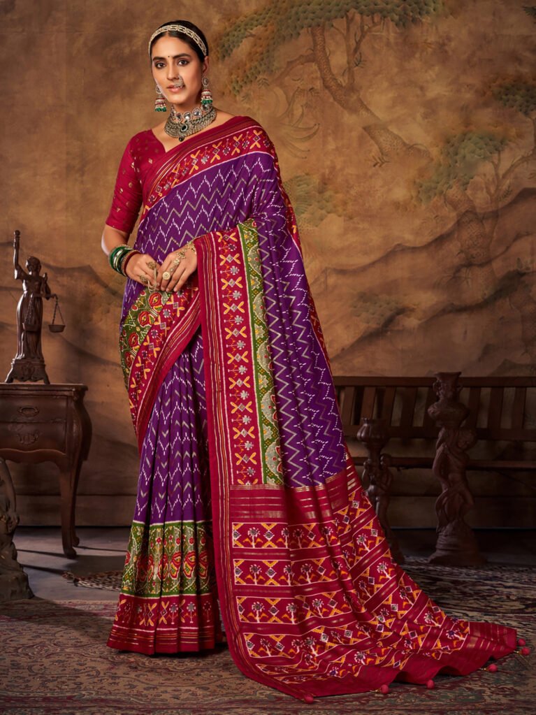 Traditional Purple Gujrati Ikat Silk Patola Saree - Sarees