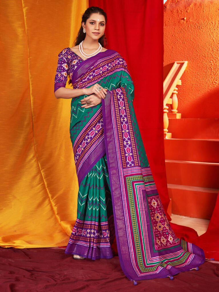 Teal Blue Gujarati Traditional Festive Patola Print Silk Saree - Sarees