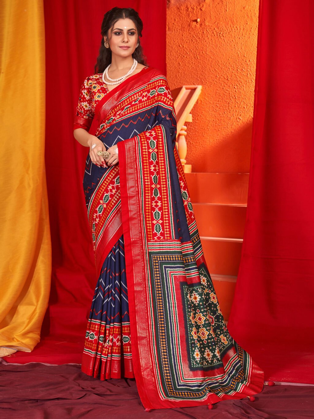 Navy Blue Gujarati Traditional Festive Patola Print Silk Saree - Sarees