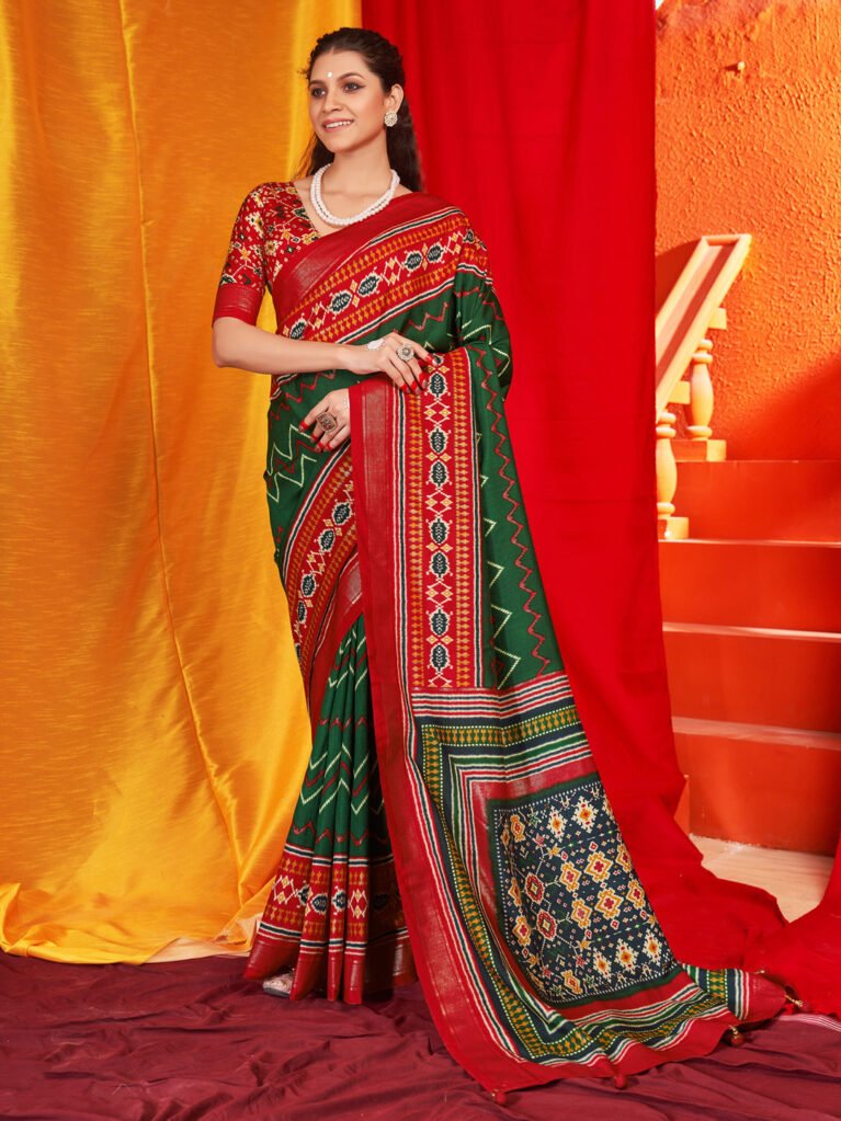 Green Gujarati Traditional Festive Patola Print Silk Saree - Sarees