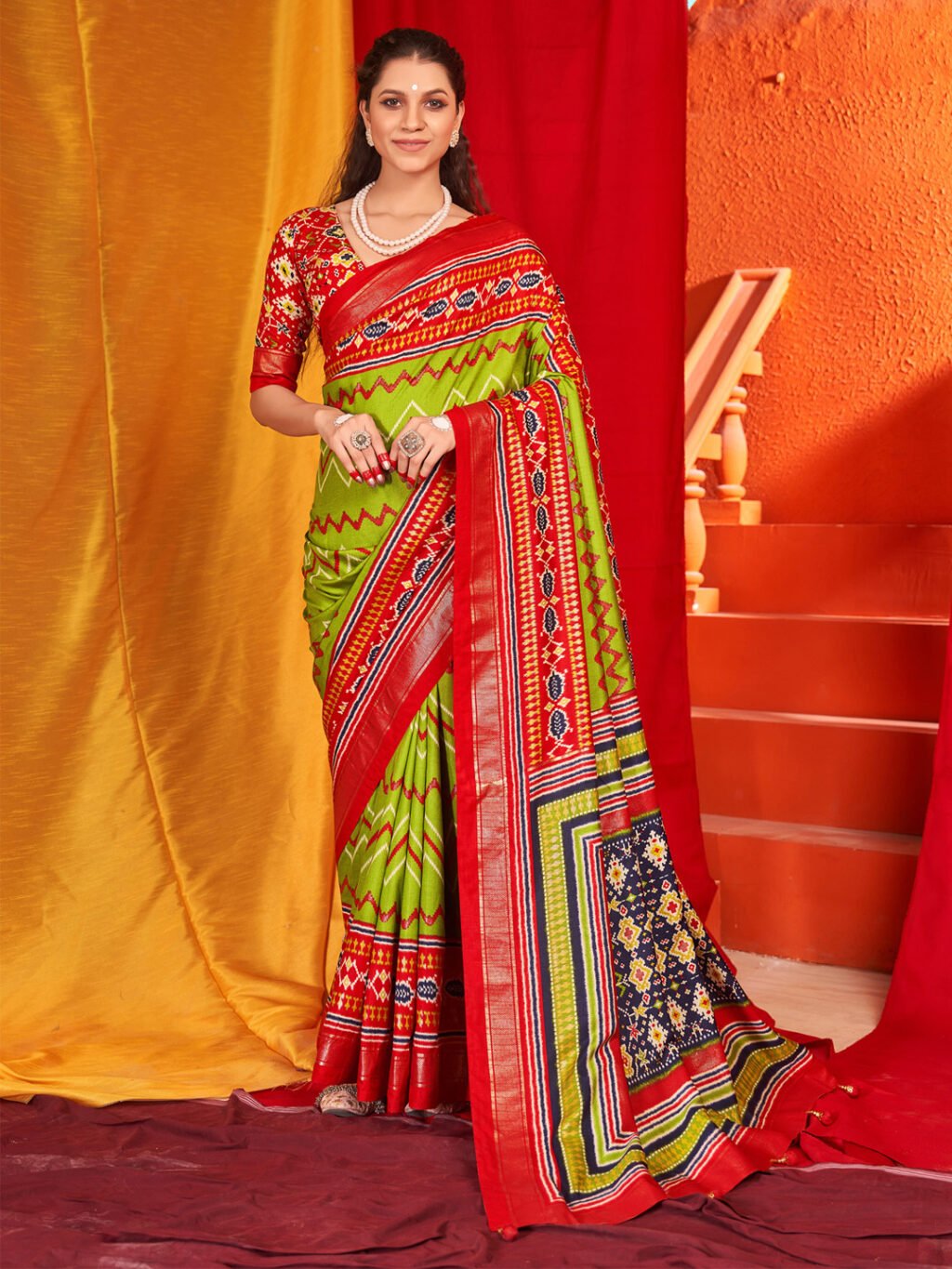 Light Green Gujarati Traditional Festive Patola Print Silk Saree - Sarees