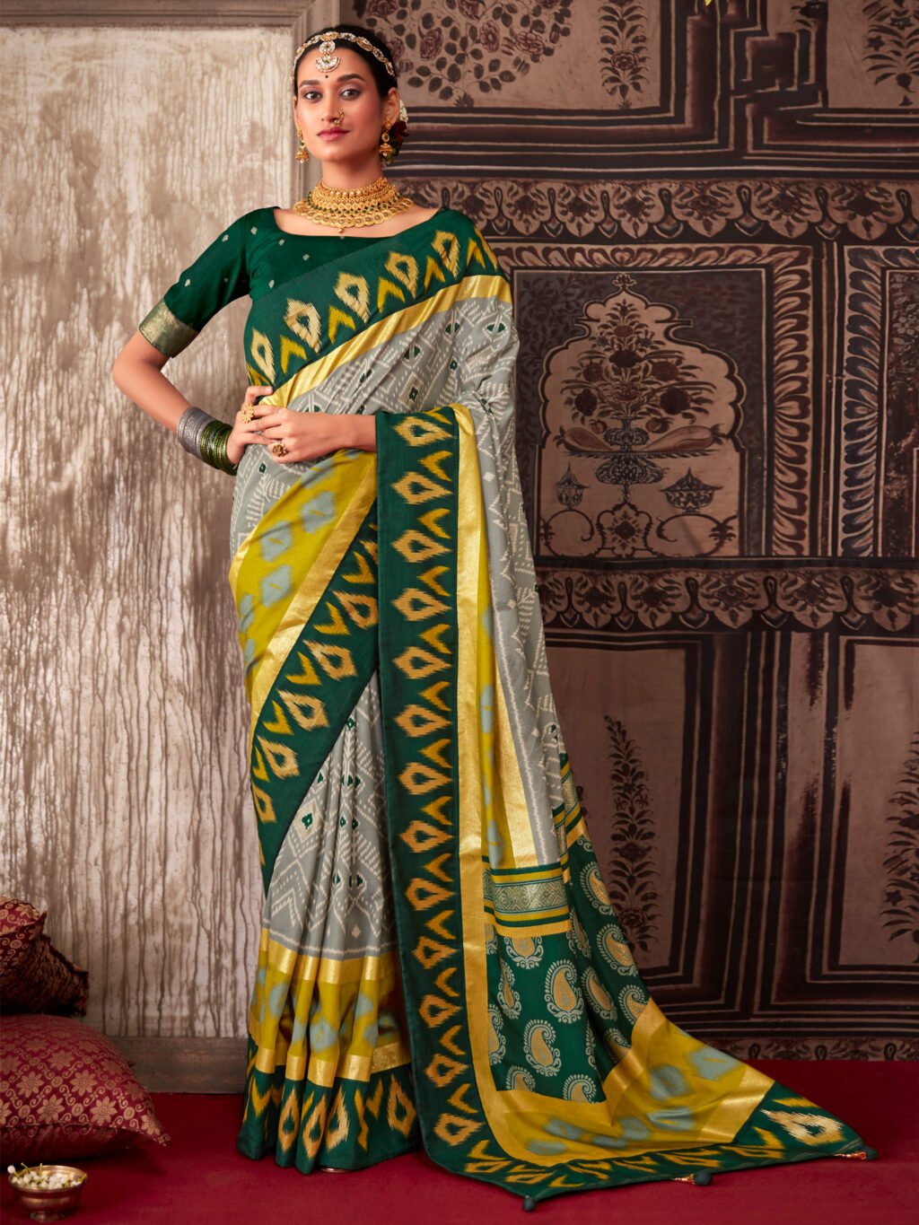 Greenish Grey Patola Silk Saree - Sarees