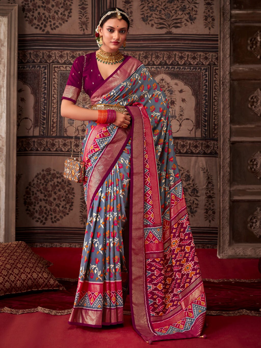 Grey Floral Patola Silk Saree - Sarees