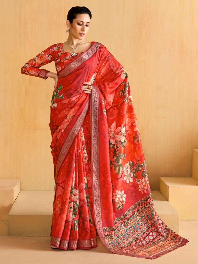 Red Printed Silk  Saree - Sarees
