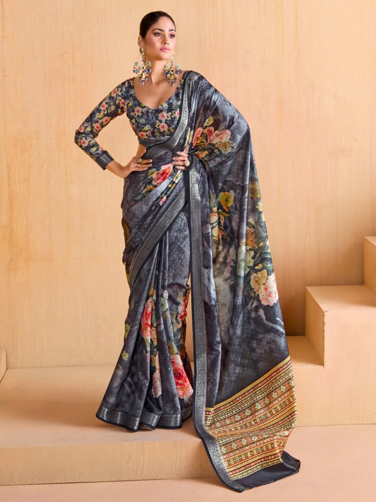 Grey Printed Silk Saree - Sarees
