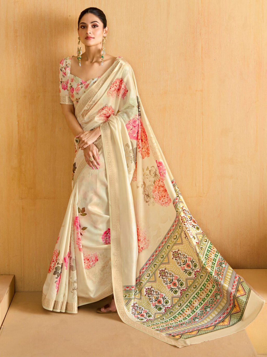Cream Printed Silk Saree - Sarees