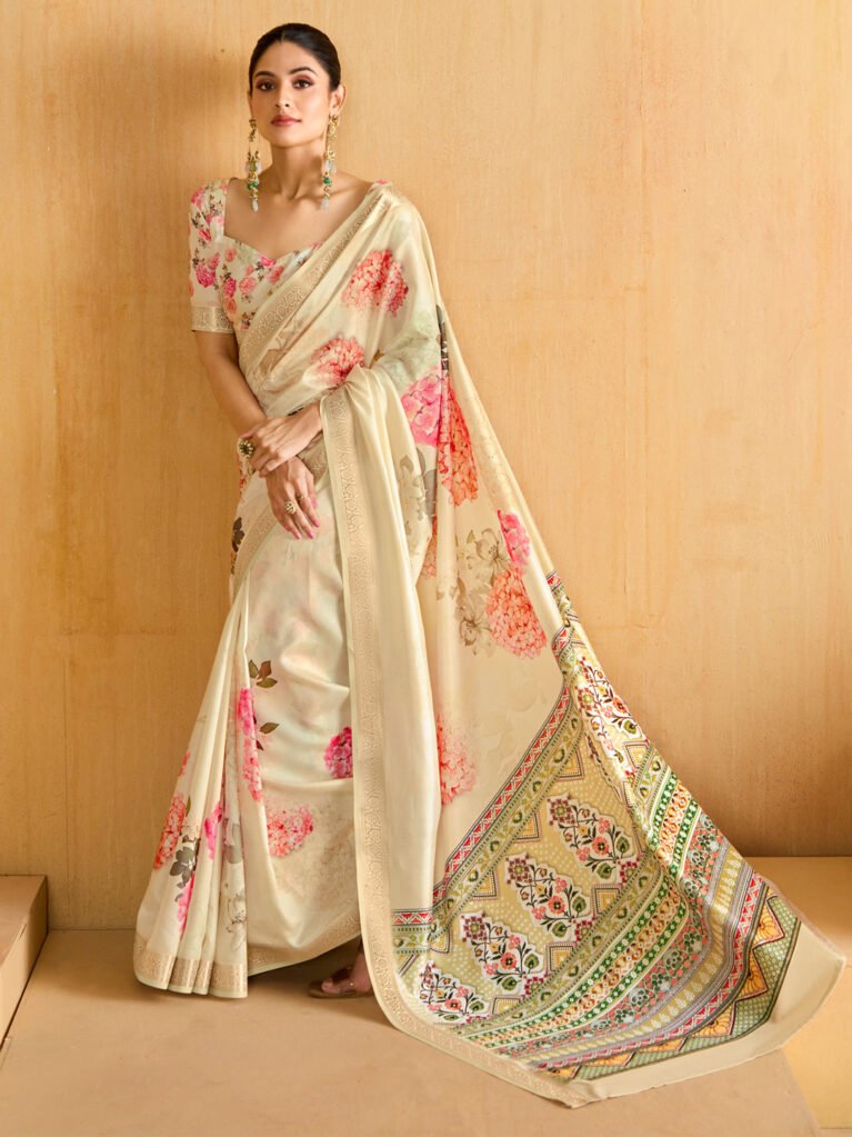 Cream Printed Silk Saree - Sarees