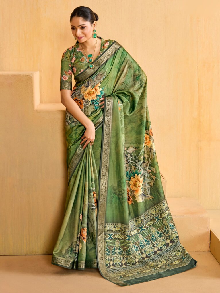 Light Green Printed Silk  Saree - Sarees
