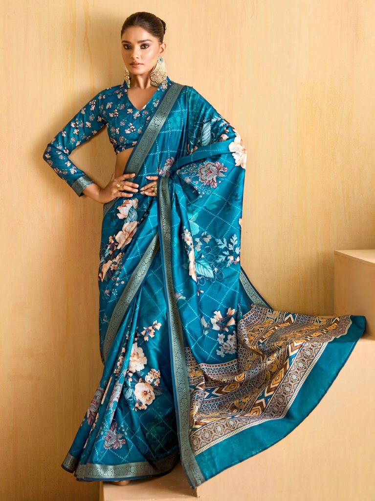 Blue Printed Silk Saree - Sarees