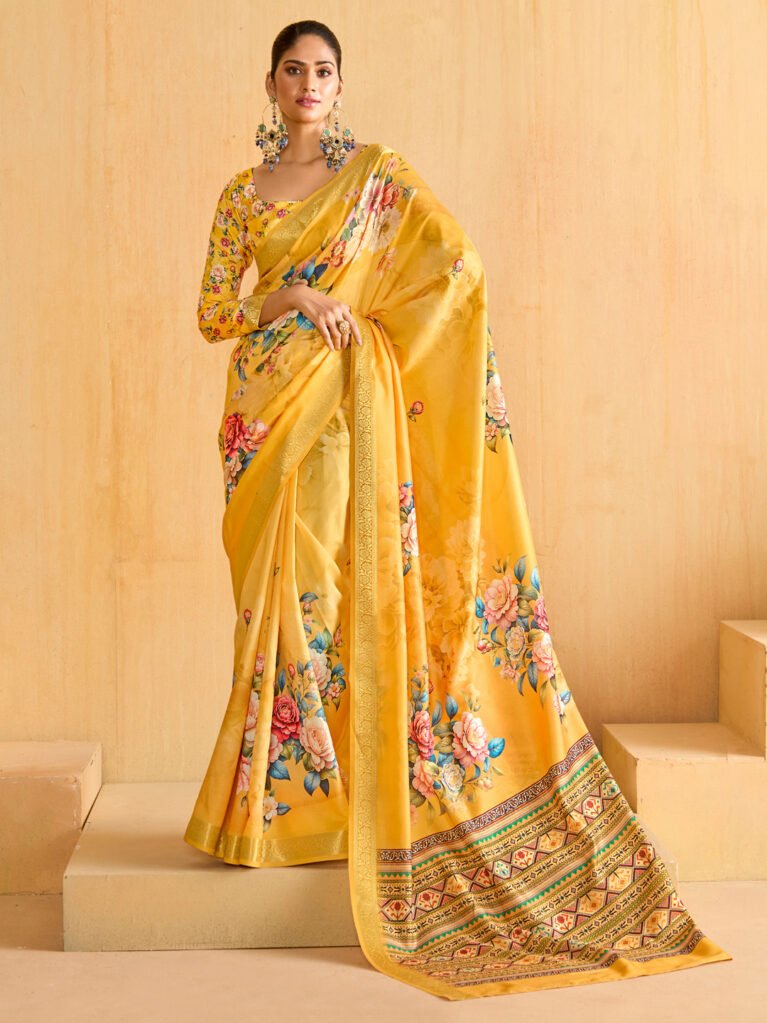 Yellow Printed Silk  Saree - Sarees