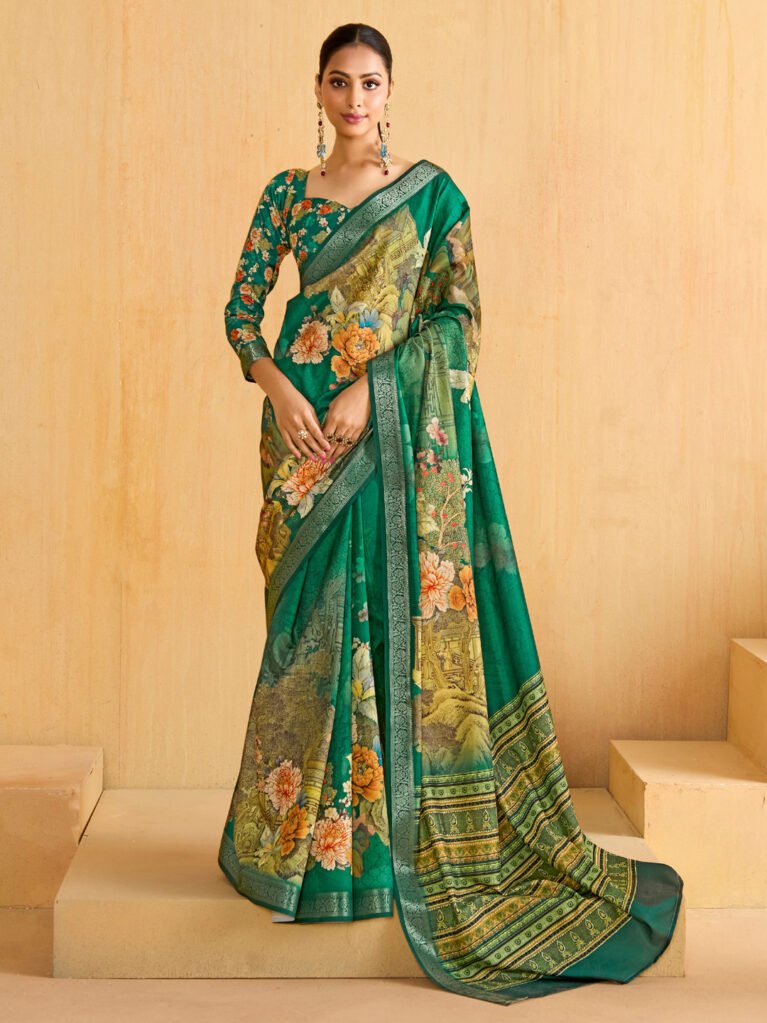 Teal green Printed Silk Saree - Sarees