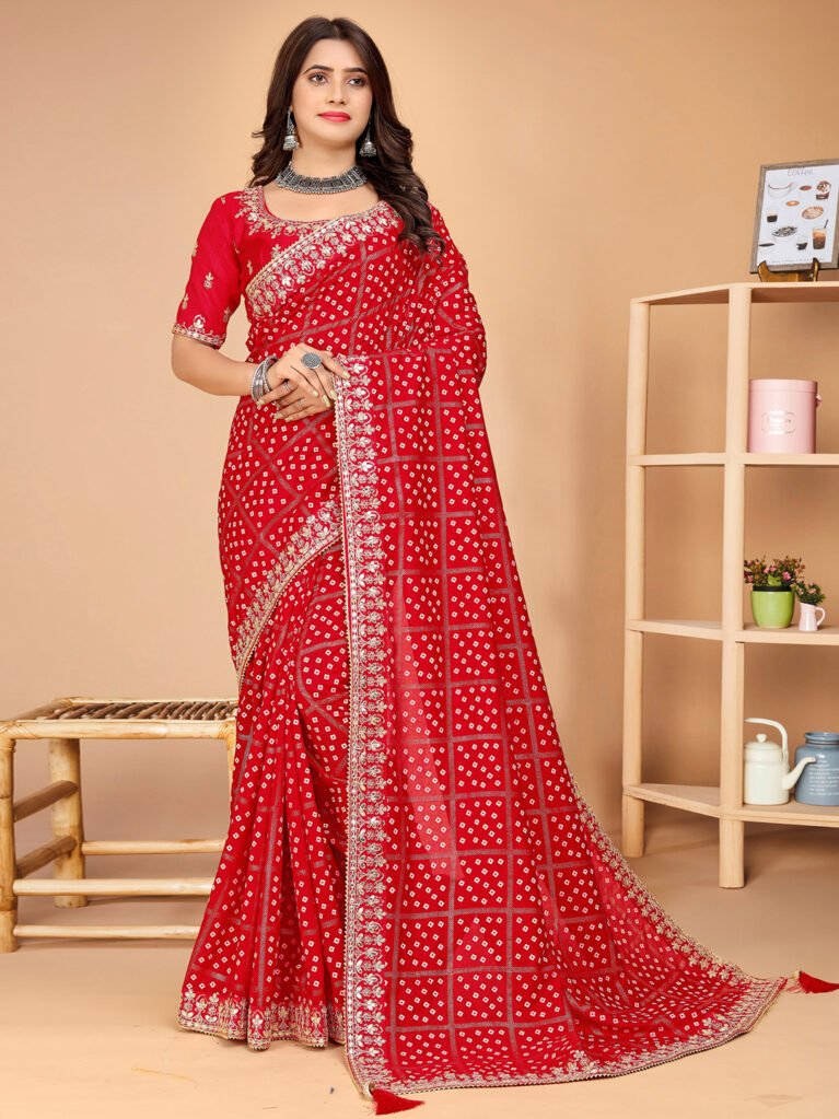 Red Vichitra Silk Bandhani Saree - Sarees