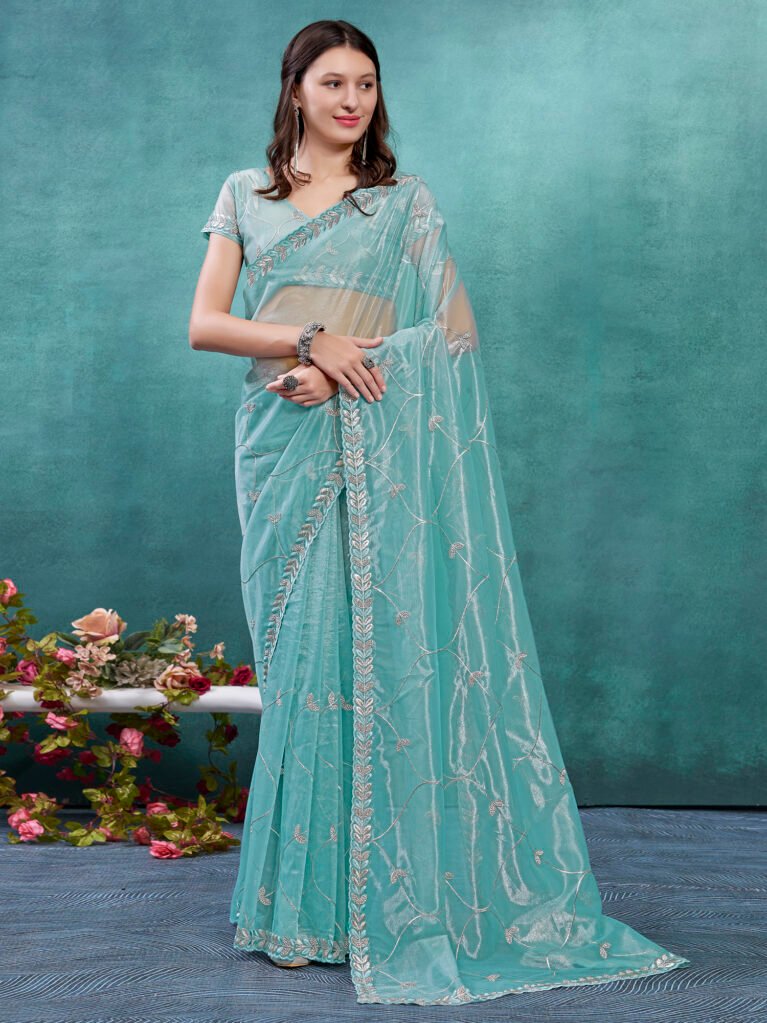 Graceful Turquoise Organza Zari Saree - Organza Saree