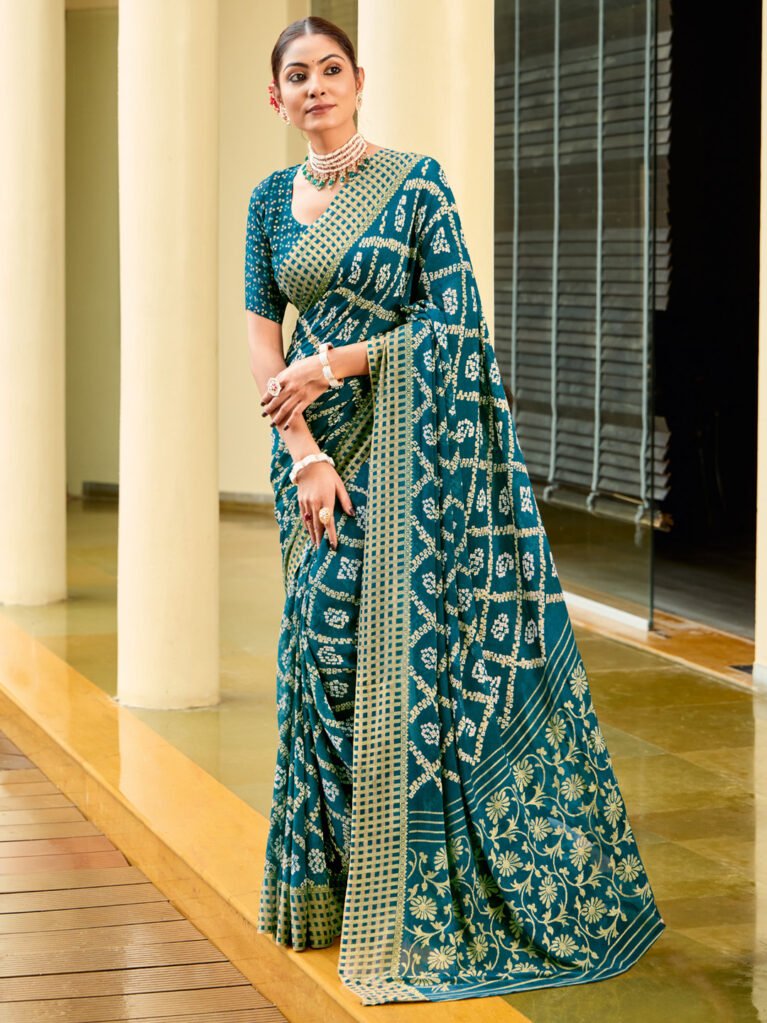 Teal Blue Bandhani Print Saree - Printed Saree