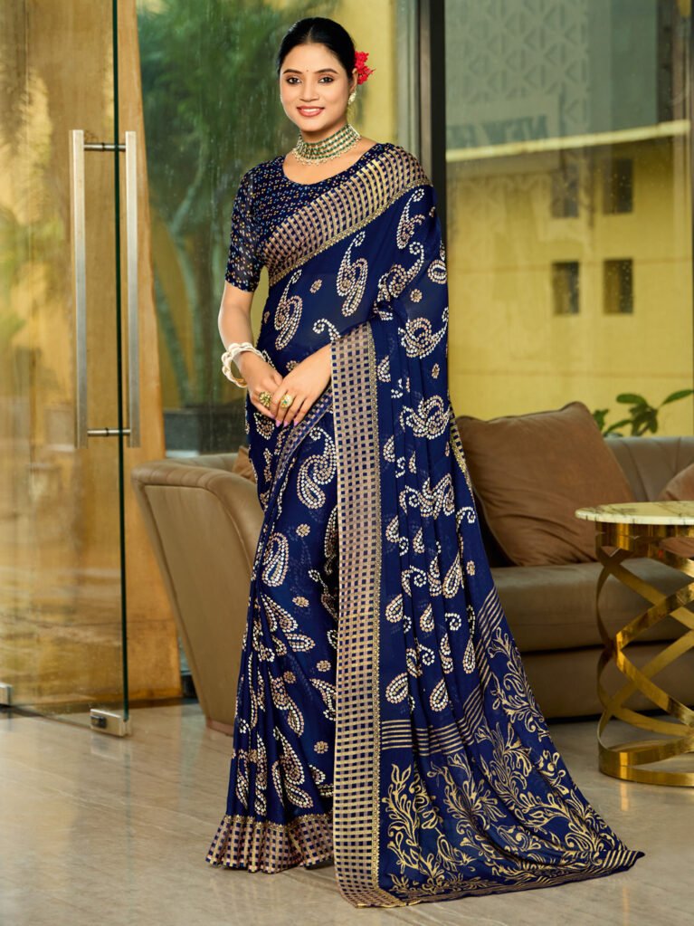Navy Blue Bandhani Print Saree - Printed Saree