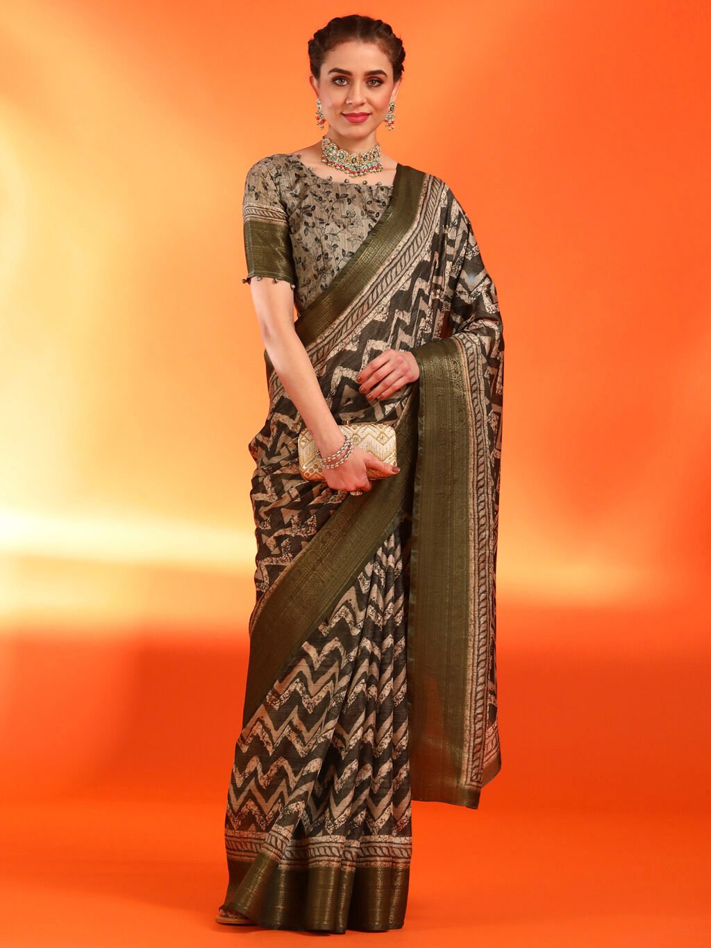 Elegant Olive Digital Print Saree - Sarees