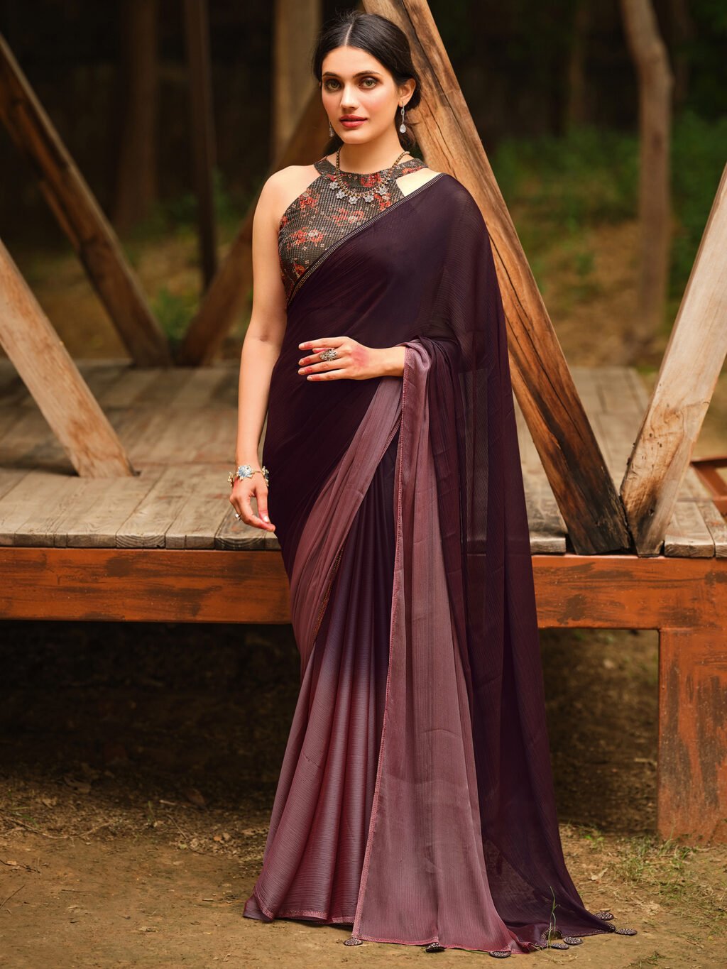 Graceful Purple Sheer Chiffon Floral Motifs Saree - Chiffon Saree