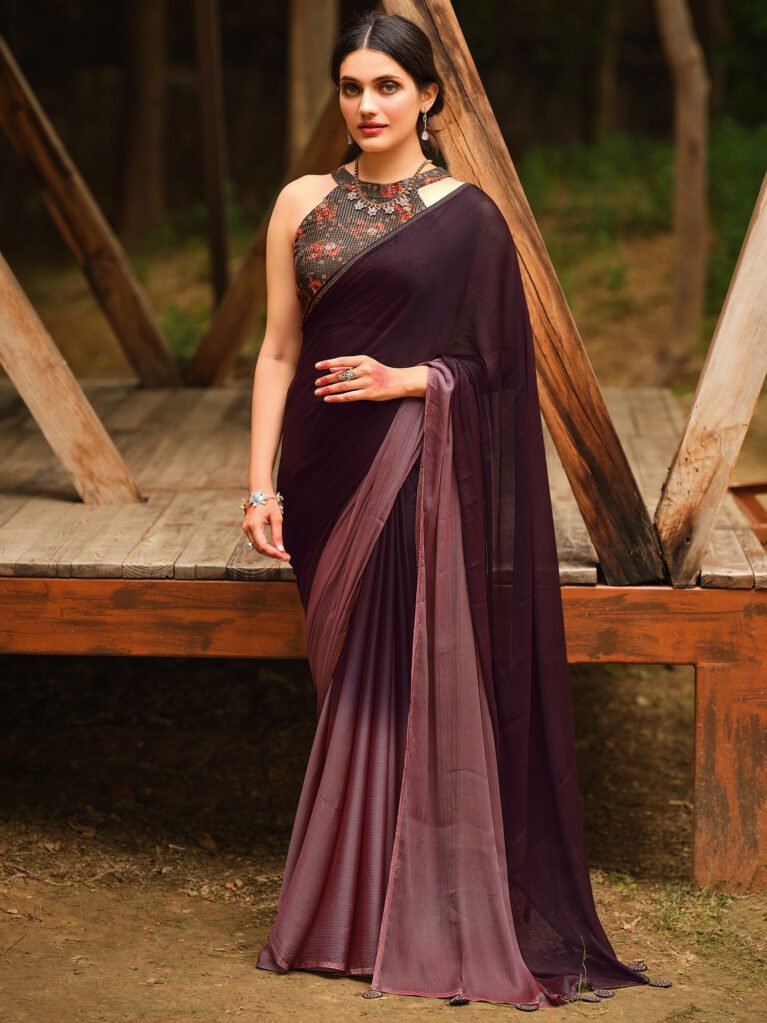 Graceful Purple Sheer Chiffon Floral Motifs Saree - Chiffon Saree